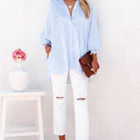 Smocked Striped Boyfriend Shirt main image 1
